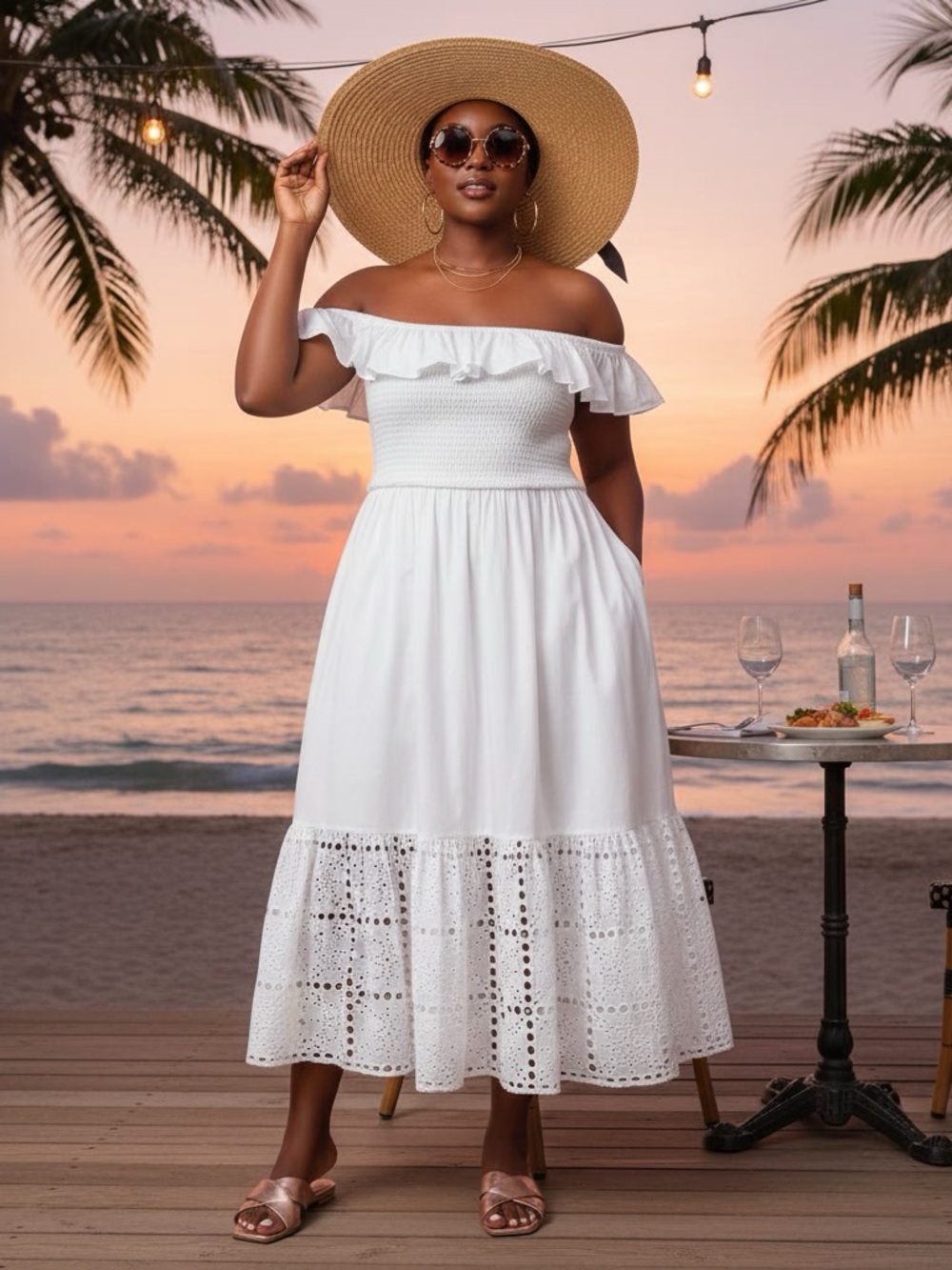 NWT Dotti White Eyelet Off The Shoulder Smocked Midi Cover Up Dress XL